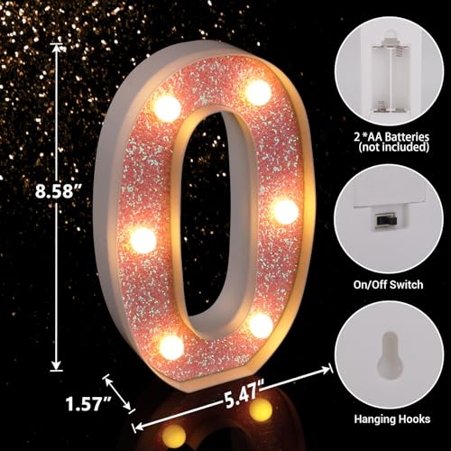 Image of LED Letter Lights Pink Glitter Marquee Letters Light Up Alphabet Letters Sign Battery Powered for Home Party Decoration Night Bar Wedding Birthday Christmas Lamp Girls Gift - Number 0