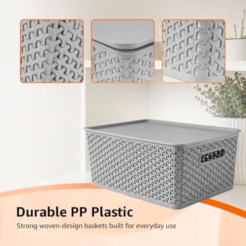 Image of Amazon Basics Set of 3 (Small, Medium, Large) Plastic Storage Baskets with Lid Stackable Shelf Basket, Storage Box & Organiser for Wardrobe, Kitchen,Clothes, Toys, Books, Office (Grey, Rectangular)