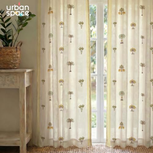 Image of Urban Space 100% Cotton Floral Curtains 8 Feet Long Set of 2, 60-65% Room Darkening, Decorative Curtains with Eyelets /Rings for Hanging, Tieback Included (Madhavi Yellow, Long Door - 8 Feet)