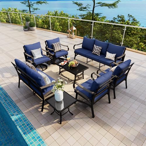 Image of 8 Pieces Patio Conversation Sets, All Weather Metal Outdoor Furniture Set with Swivel Rocking Chairs Set, Outdoor Furniture Set with Sectional Sofa Couch Loveseat (Blue Cushions)