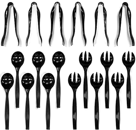 large black serving utensils including tongs, spoons, and forks