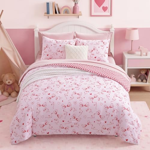 Image of Full Size Comforter Set for Girls Red Bow Heart 7 Pieces Bed in a Bag