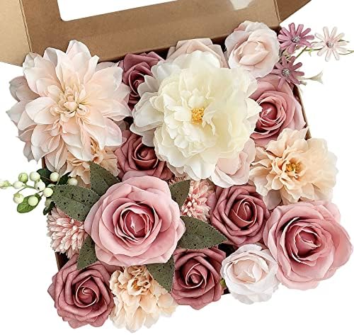 FACINOC Roses Artificial Flowers Pink Bouquets Box Set for DIY Bridal Wedding Shower Decorations Fake Floral Arrangements for Party Table Centerpieces Home Decor Indoor Outdoor Dusty Blush 19pcs