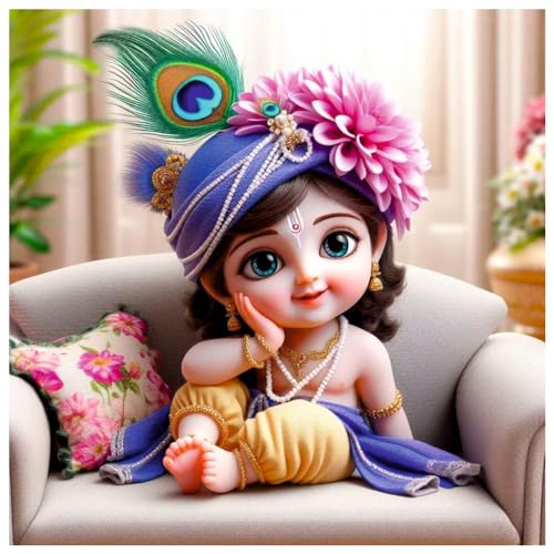 Image of Akki Wold Blue Safa With Pink Flower Sitting On Soffa Wall Poster For Living Room, Office, Pooja Room (Size - 41CM X 41CM)
