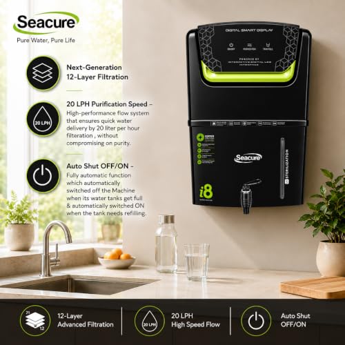 Image of Seacure Aqua i8 RO Water Purifier | RO + UV + UF + Copper Alkaline + TDS Adjuster | 10 Stage Purification | High TDS | Inbuilt TDS Adjuster | Fully Automatic Function | 12L Tank | 1 Year Warranty