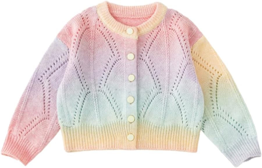 Toddler Girls Knit Cardigan, Kids Long Sleeve Crew Neck Sweater for Girls, Multicolor Casual Knitwear Jacket