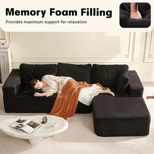 EJC 107 Inches Boneless Couch, Sofa Bed Couch for Living Room with Memory Foam, L Shaped-Right, Corduroy, Black — view 6