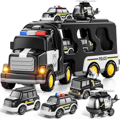 Image of Kidology 5 in 1 Police Trucks Boy Toys for 3-5 Year Old Toddlers - Toys for 3 4 5 6 7 Years Old Transport Vehicle Carrier Truck Sets Kids Boys & Girls
