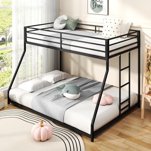 Zevemomo Twin Over Full Size Bunk Bed, Metal Low Profile Bunkbeds with Full-Length Protect and Ladder, Space Saving, No Boxing Spring Needed, Black