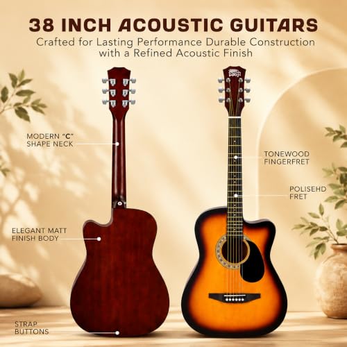 Image of INTERN Glossy 38 Inch Acoustic Guitar Kit for Beginners, Right Handed 6 String Cutaway Guitar with Spruce Top, Ebony Fretboard, Bag, Strap, Picks & Extra Strings (INT-38C-G)