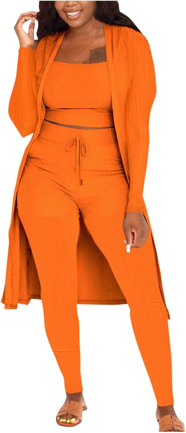 3 Piece Ribbed Lounge Sets for Women 2025 Fall Sweatsuit Outfit Open Front Cardigan Crop Tank Tops and Leggings Pants