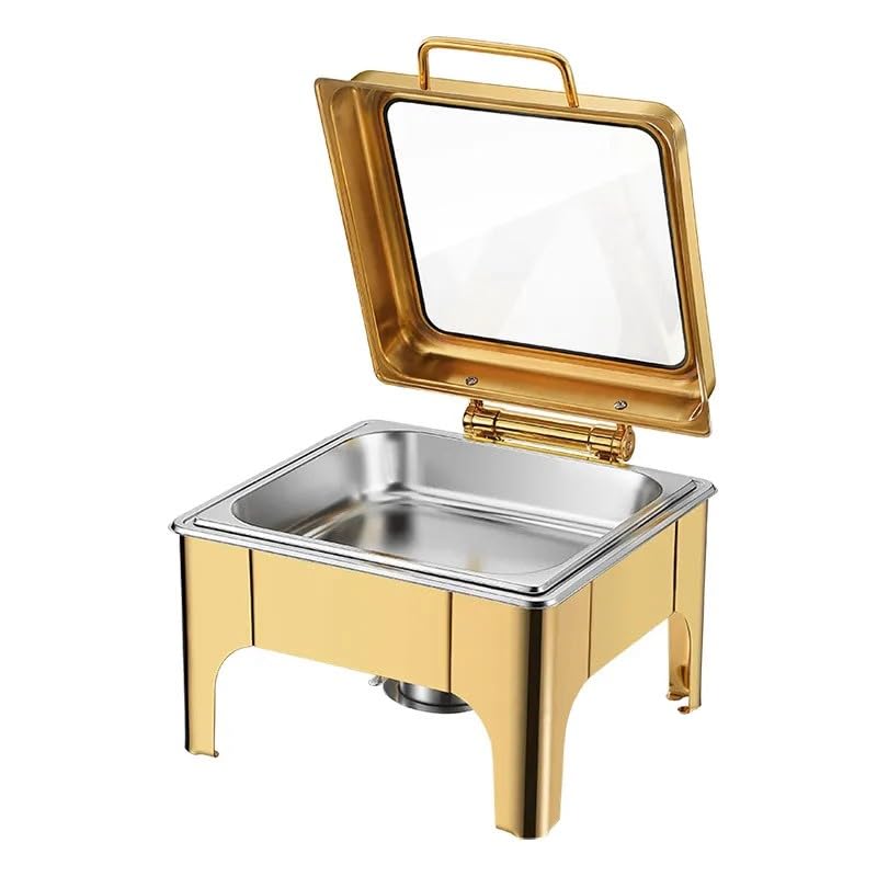 Image of Malabar Stainless Steel Chafing Dish with Transparent Lid, Rectangular Chafing Dish Set with Hydraulic Lid, Mirror Finished Buffet Food Warmer (Non Electric, 6 LTR - Gold)