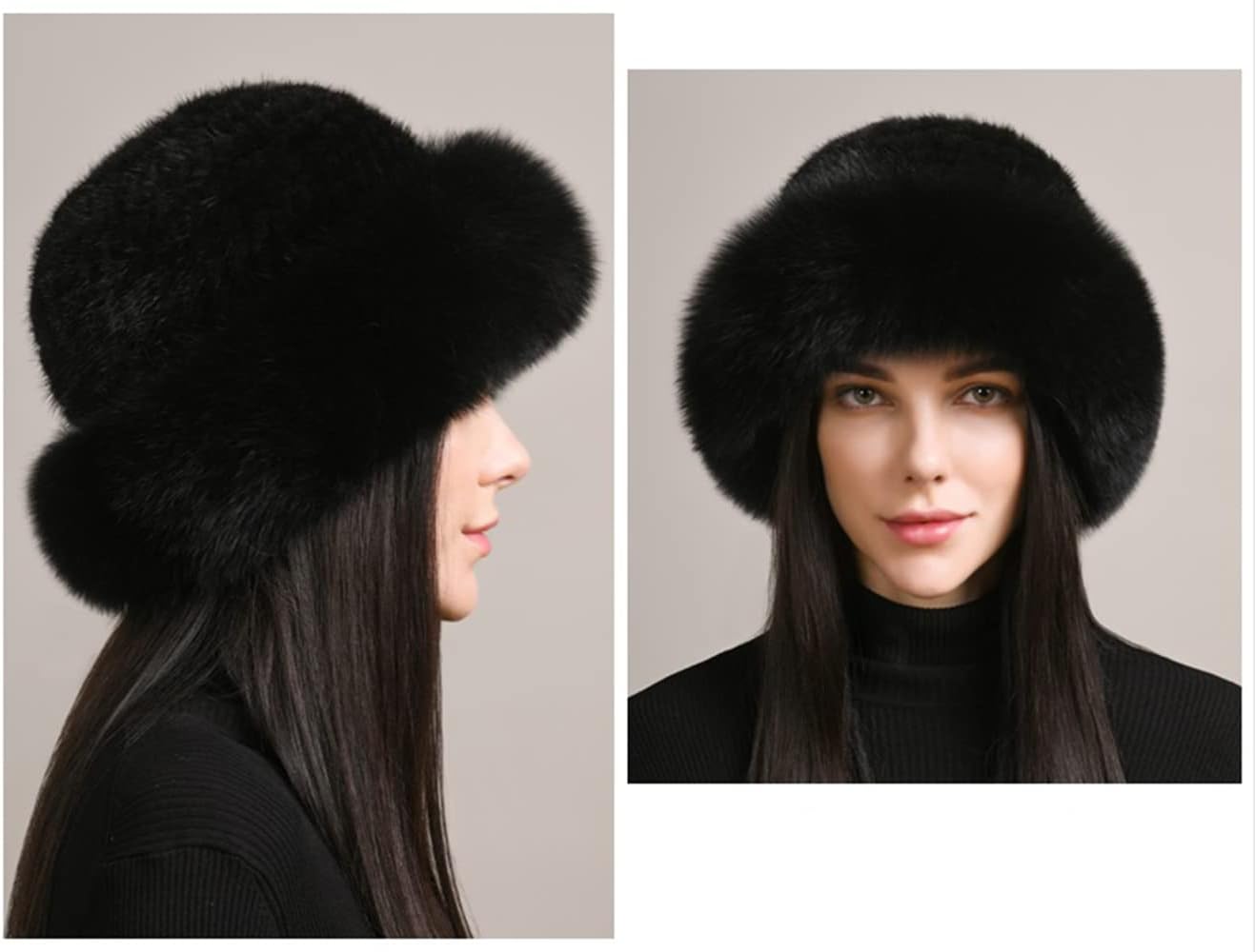 Women Winter Hat Genuine Mink Hair Bucket Hat with Fox Hair Brim Warm Fluffy Fashion