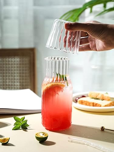 Miniatura 7 de Juego de 4 jarras de agua de noche y vidrio, jarra de agua de cristal de 20 onzas con vaso para mesita de noche, elegante decantador de enjuague