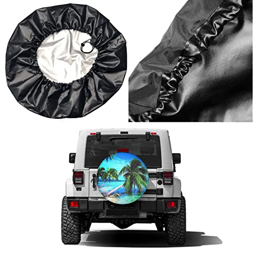 Image of Tropical Palms Trees Navy Blue Ocean Beach Spare Tire Cover Dust-Proof Wheel Tire Cover Fit Trailer, RV, SUV and Many Vehicle 16 Inch