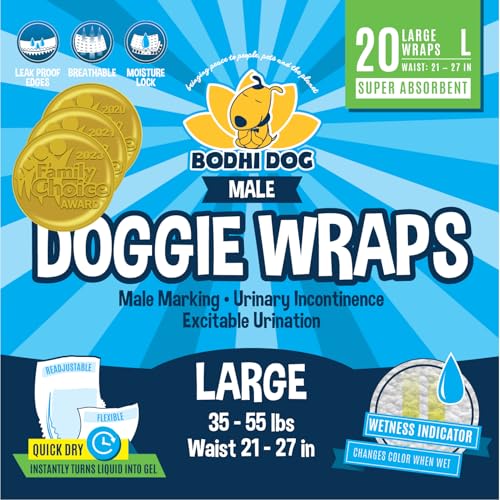 Bodhi Dog Disposable Male Dog Diapers - Super Absorbent, Leak-Proof Pee Wraps - Adjustable Fit, Comfortable Design, Advanced Moisture Control, and Wetness Indicator - Large (20 Count)