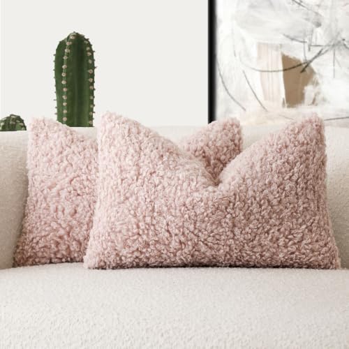 Image of Foindtower Set of 2 Curly Teddy Wool Pillow Covers Decorative Boucle Textured Lumbar Throw Pillow Faux Fur Sherpa Pillowcases Sheepskin Fuzzy Cushion Case for Sofa Bedroom Car 12 inchx20 inch Dusty Rose