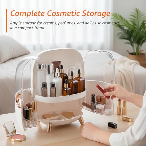 Image of Amazon Basics Multi-Color Cosmetic Storage Box with LED Mirror - White,Large Capacity, Portable Design
