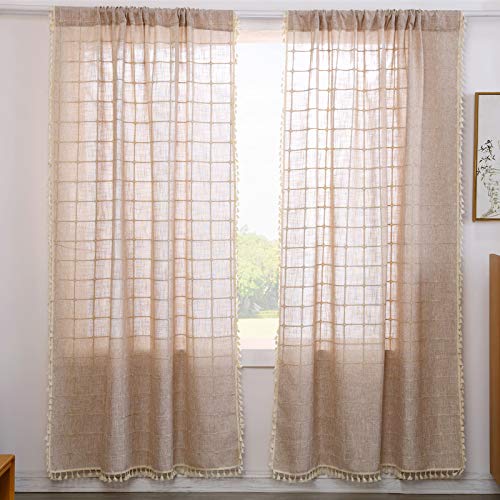 Yokii Boho Curtains For Bedroom 63-Inch Modern Farmhouse Cotton Linen Embroidery Tassel Window Curtain Panels Semi-Transparent Geometric Trellis Draperies Living Room Decor (Pairs 54W X 63L, Tan) #TOP1