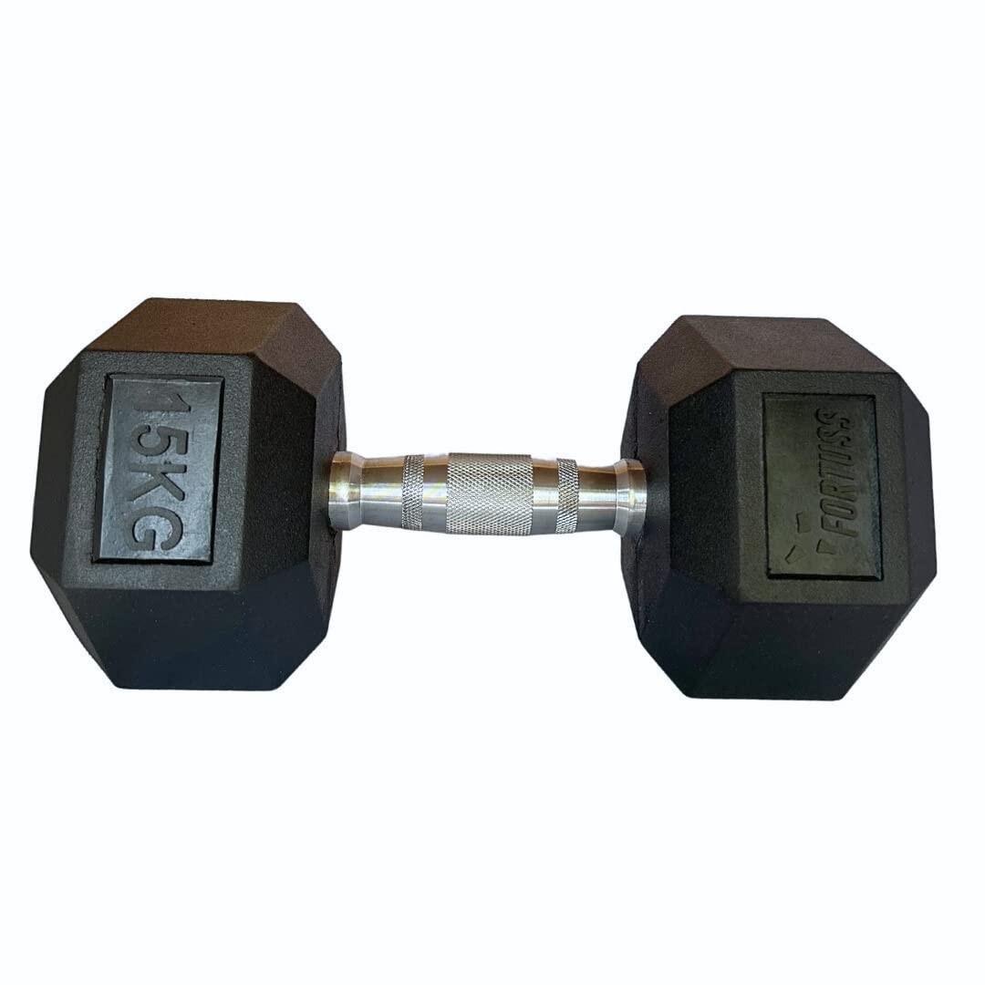 15 KG (Single) Rubber Encased Hex Dumbbell - Anti-Roll, Anti-Slip Hand Weights with Chrome Handles for Strength and Weight Training at Home & Commercial Gyms - Sizes 2.5 KG – 15 KG