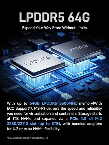 Image of MINISFORUM MS-R1 ARM Mini Workstation with UEFI Boot CIX CP8180(12C /12T, up to 2.6GHz), 45 Tops, 64GB ECC LPDDR5 NO SSD Mini PC, PCIe x16 Slot, 2X 10GbE LAN, HDMI /2xUSB-C Triple Display, VM & Docker