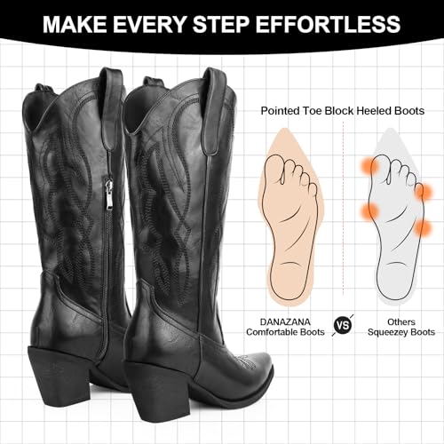 Image of Knee High Cowgirl Boots Women Wide Calf Rhinestones Cowboy Boots Lady Pointed Toe Chunky Heel Embroidered Sparkly Boot With Side Half Zip Country Sparkle Boot Size 6-11