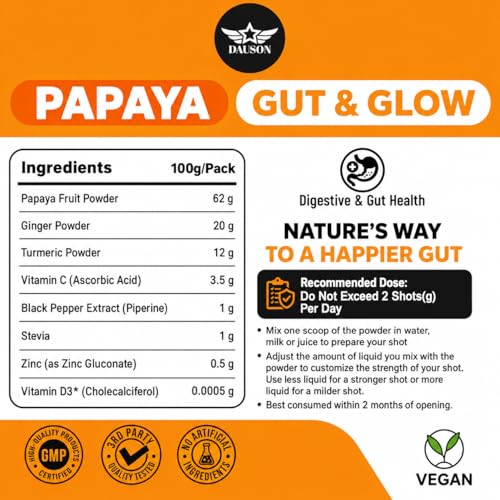 Image of Papaya Shots for Healthy Gut & Glowing Skin | Herbal Supplement Boosted with Ginger, Turmeric, Zinc, Vitamin C, Vitamin D3 & Piperine | 100 Servings