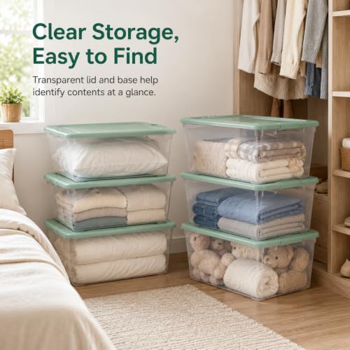 Image of Storage Bins 66 Qt Clear Latching Lid Stackable 6 Pack Sage Green