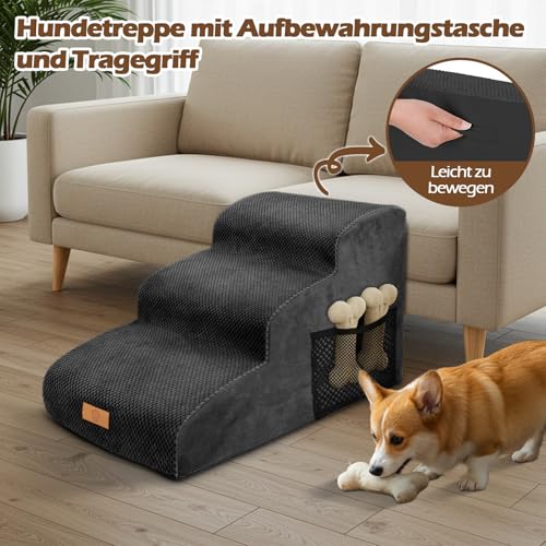 Eukue Hundetreppe 3 Stufen, Hundetreppen für Kleine Hunde und Katzen, Tragbare Hunderampe für Bett und Sofa, Hochdichtem Schaum Haustiertreppe mit Bezug und Tasche, Schwarz