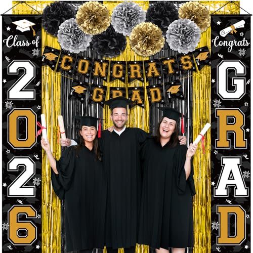 Image of Graduation Party Decorations Class of 2026, Graduation Decorations with Congrats Grad Banner Fringe Foil Curtain Paper Flower Ball Balloon for High School College Graduation Party Supplies, Black Gold