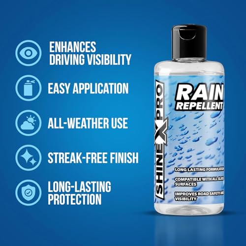 Image of ShineXPro Rain Repellent for Car - Long Lasting Hydrophobic Coating for All Glass Surfaces with ShineXPro Car Glass Water Repellent - Improve Road Visibility & Safety with Windshield Water Repellent