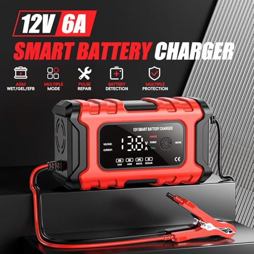 Image of Car Battery Charger, 12V 6A Smart Battery Trickle Charger, 12V Automotive Battery Maintainer Desulfator with Temperature Compensation for Car Truck Motorcycle Lawn Mower Marine Lead Acid Batteries