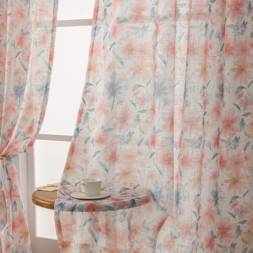 Image of SUOUO Vintage Watercolor Floral Semi Sheer Curtains 84 Inches 2 Panels
