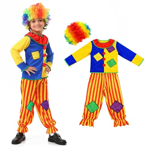 Generisch Clown Kostüm Kinder Junge Mädchen Zirkusclown-Kostüm Set mit Oberteil Hose und Perücke für Halloween Karneval Fasching Verkleidung Cosplay