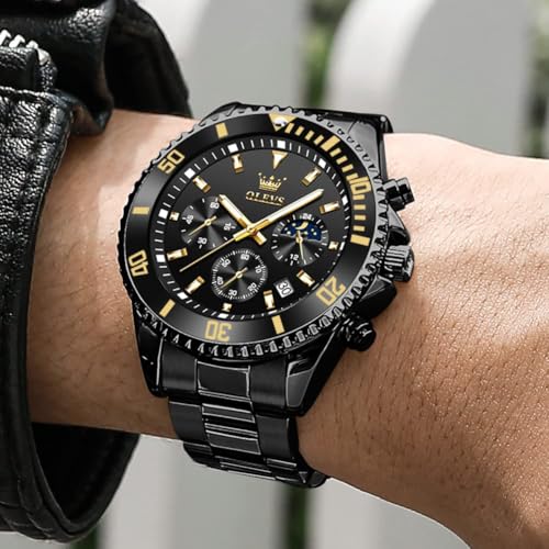 Image of OLEVS Watch for Men Stainless Steel Analog Quartz Chronograph Moon Phase Watch Waterproof Date Luminous Wrist Male Watches,Gift for Men