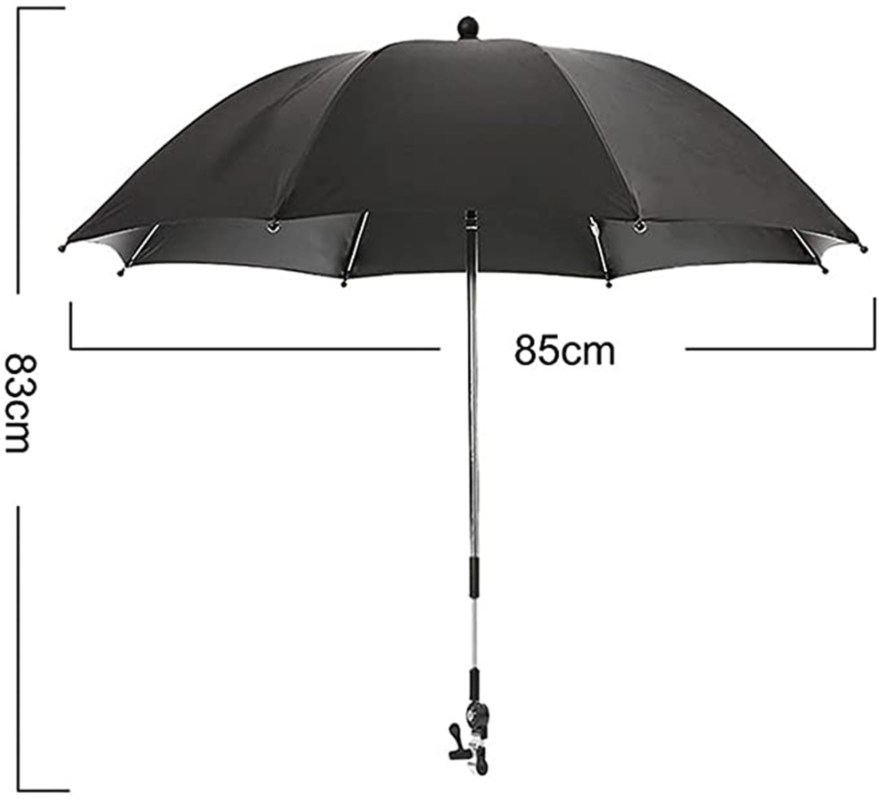 Sombrilla universal para cochecito, anti rayos UV, diámetro 75/85 cm, fijación para tubo redondo u ovalado, flexible y ajustable, con clip para silla de ruedas, Negro, 85 cm
