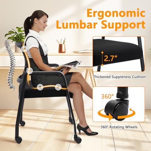 Image of KLASIKA Waiting Room Chairs with Wheels, Adjustable Mesh Backrest, Desk Chair with Ergonomic Lumbar Support and Thickened Seats Cushion, Black