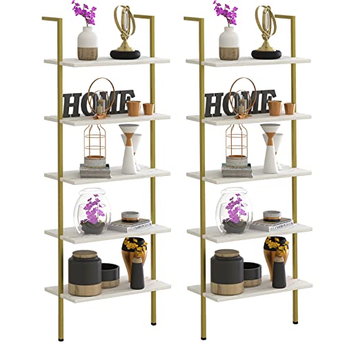 Wolawu 5 Tiers Ladder 2-Piece Shelf White Marble Modern Bookshelf