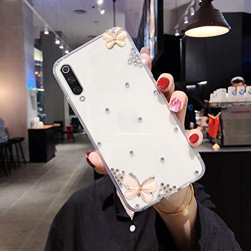 JAWSEU Case Compatible with Xiaomi Mi 9, Bling Diamond 3D Shiny Glitter Butterfly Design Transparent Crystal TPU Silicone Ultra Thin Slim Soft Gel Rubber Bumper Girls Phone Protective Case,White