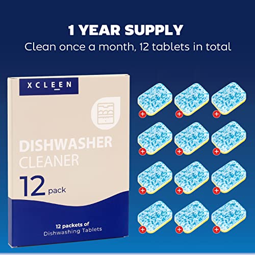 Xcleen Dishwasher Cleaner and Deodorizer Tablet - Helps Remove Limescale, Mineral Buildup and Odor - Formulated to Clean Inside all Machines - 12 Cleaner Tablets