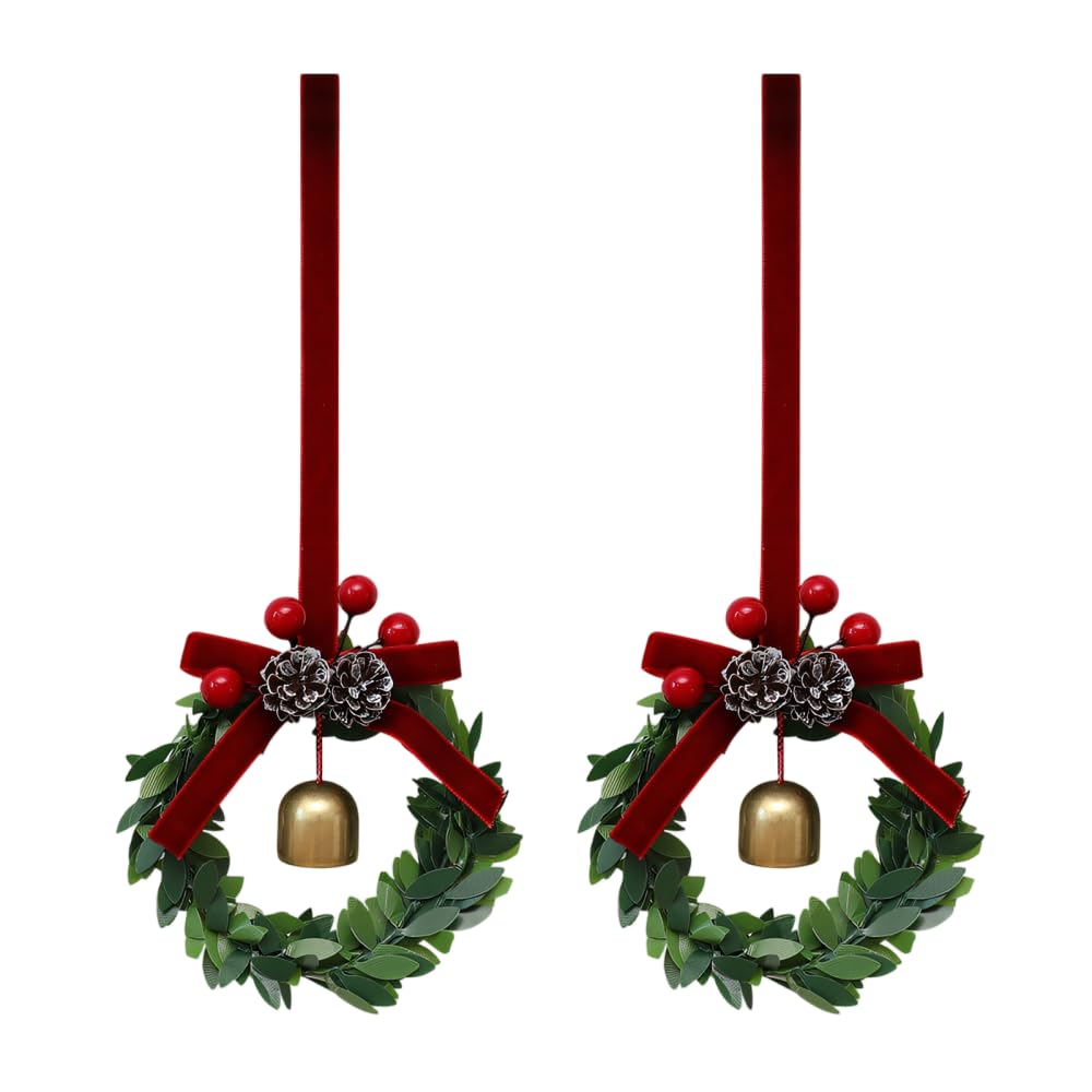 Christmas Bow Bell Wreath,2pcs Hanging Pine Cone with Red Bow Wreath for Kitchen Front Door Xmas Holiday Indoor Home Decor