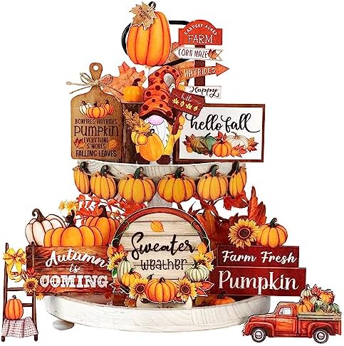 16 Pcs Fall Tiered Tray Decor Pumpkin Gnome Truck Wooden Signs Fall Table Decorations Centerpieces Farmhouse Thanksgiving Decor for Home Autumn Harvest Table Shelf Decor