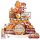Dandat 16 Pcs Thanksgiving Tiered Tray Decor Fall Tiered Tray Decoration Pumpkin Gnome Truck Wooden Signs Fall Table Centerpieces Farmhouse Decor for Home Autumn Harvest Table Shelf