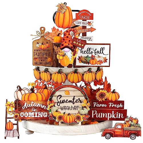 Dandat 16 Pcs Fall Tiered Tray Decor Fall Tiered Tray Decoration Pumpkin Gnome Truck Wooden Signs Thanksgiving Table Centerpieces Farmhouse Decor for Home Autumn Harvest Table Shelf