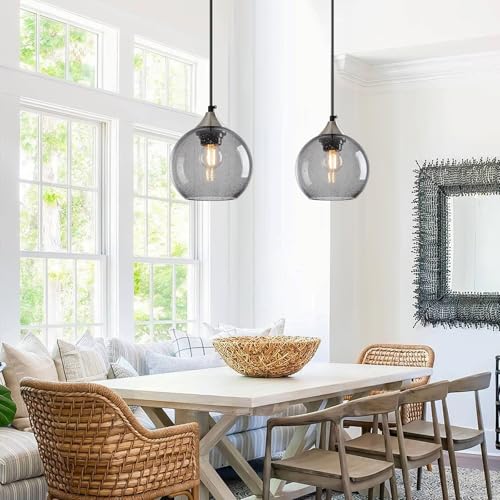Image of Light Grey Glass Pendant Lights Kitchen Island Globe Pendant Light Fixtures Modern Pendant Lighting for Bedroom Living Dining Room Light Fixture (5.9 in, 1 Pack)