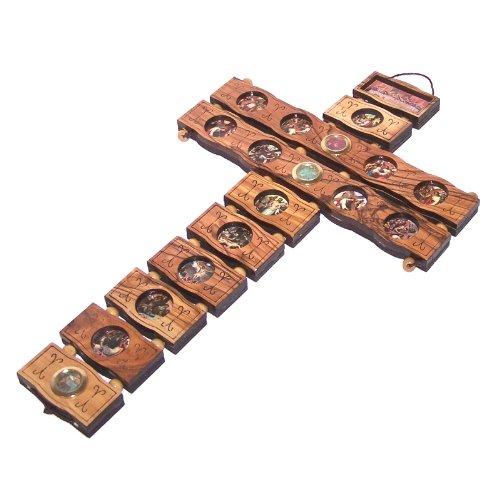 Holy Land Market Stations of The Cross Etched as Icons on This Olive Wood Cross Made by Laser Technology (14 inches)