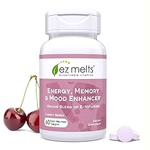 EZ Melts Energy, Memory & Mood Enhancer - مكمل فيتامينات ب مع فيتامين ب12، ب6، حمض الفوليك والبيوتين - غير معدّل وراثيًا ونباتي - كرز وتوت - 60 قرصًا قابلًا للذوبان (60 وجبة)