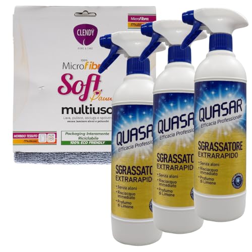 QUASAR SET: 3x Quasar SGRASSATORE EXTRARAPIDO Spray. Senza Aloni, Risciacquo Immediato, Profumo Di Limone. Scudo Antisporco, Pulito Più a Lungo 580ml + Panno SOFT Microfibra Multiuso 33x33