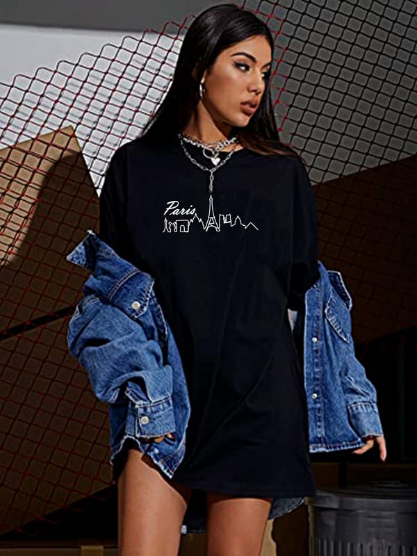 Image of FA Se Fashion Women Pure Cotton Casual Paris City Printed Baggy Oversized Round Neck Drop Shoulder Tshirt, Black, Size S to XL