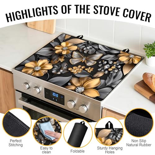Image of NYZE Stove Cover for Electric and Glass Stove Tops 3-in-1 Stove Mat, Heat Resistant Counter Protector Mat, Non-Slip Surface & Drying Rack (Flowers Butterfly, 28.5 inchLx20.5 inchW)